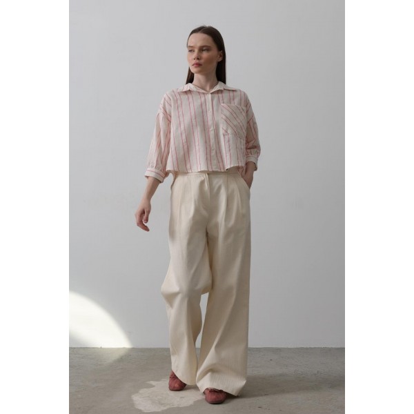 Çift Pileli Palazzo Pantolon - Natür