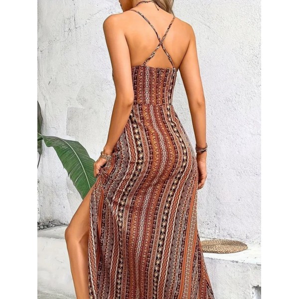 Kadın Ip Askılı Sırttan çapraz Detaylı Yırtmaçlı Desenli Süprem Elbise