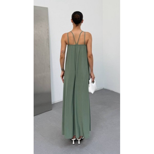 Kadın Omuz Askılı Kuş Gözü Zincir Detay Sandy Kumaş Maxi Boy Elbise