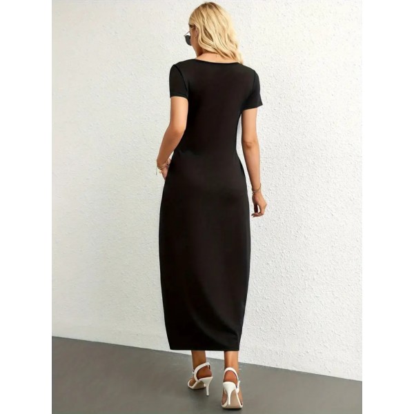 Kadın Kısa Kollu Yakası Yuvarlak Cepli Viskon Elbise