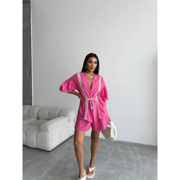 KETEN BEL BÜZGÜLÜ BLUZ-PANTOLON TAKIM - Fuşya