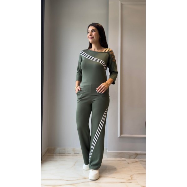 Kadın Uzun Kollu Truvakar Kol Tek Omuz çapraz şerit Detaylı Ribanalı Viskon Iki Iplik Bluz Ve Pantolon Ikili Takım