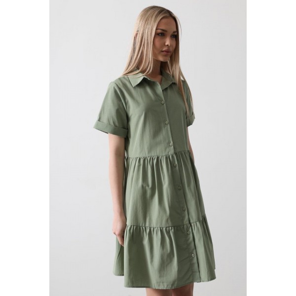 Kısa Kol Düğmeli Elbise - Haki