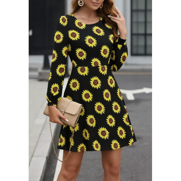 Kadın Uzun Kollu Bisiklet Yaka Desenli Kısa Krep Elbise