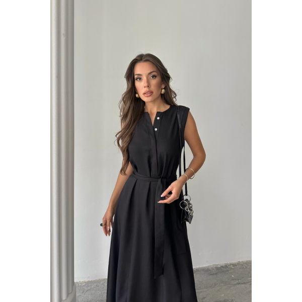 KETEN ELBİSE KOLSUZ BEL BAĞLAMALI MAXİ ELBİSE - Siyah