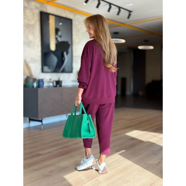 Kadın Uzun Kollu Bisiklet Yaka Viskon Iki Iplik Mor Bluz Ve Pantolon Ikili Takım