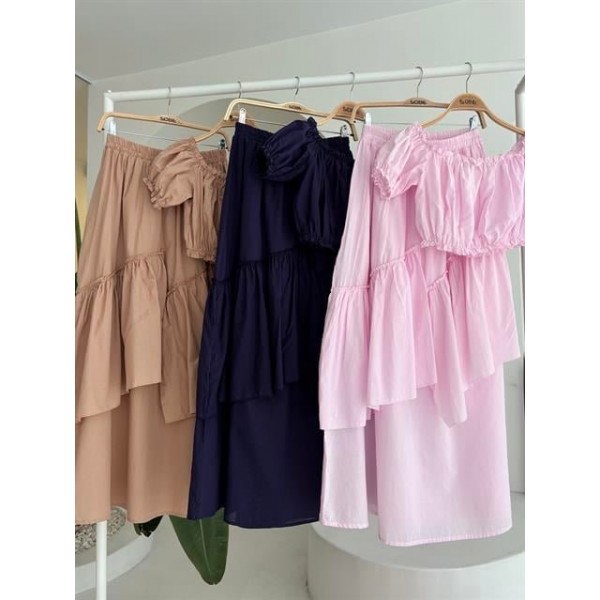 Büzgülü Crop Kat Detaylı Fırfır Etekli Takım 10196