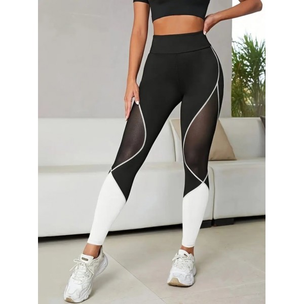 Kadın Yüksek Bel Yanlardan Tül Detaylı çift Renkli Spor Dalgıç Tayt