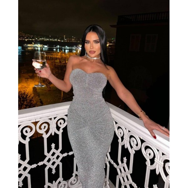 Straplez Simli Uzun Elbise