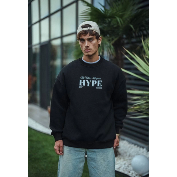 Üç İplik Bisiklet Yaka Baskılı SweatShirt - Siyah