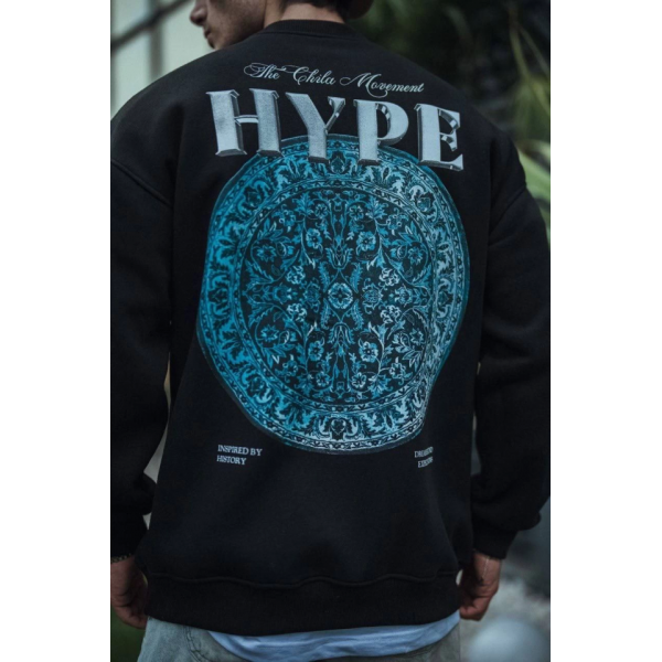 Üç İplik Bisiklet Yaka Baskılı SweatShirt - Siyah