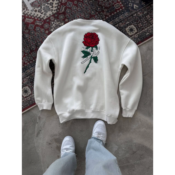 Unisex Bisiklet Yaka Ön Ve Arka Baskılı SweatShirt - Beyaz