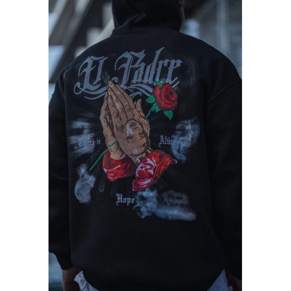 Üç İplik Penye Kapşonlu Baskılı SweatShirt - Siyah