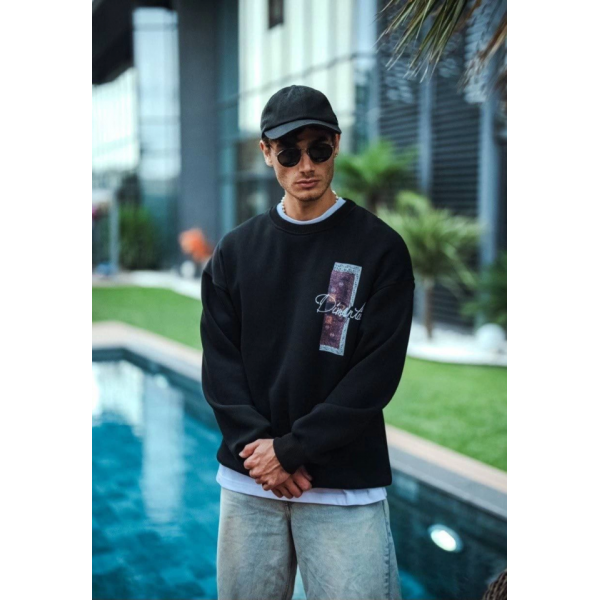 Uzun Kol Bisiklet Yaka Ön Ve Arka Baskılı SweatShirt - Siyah