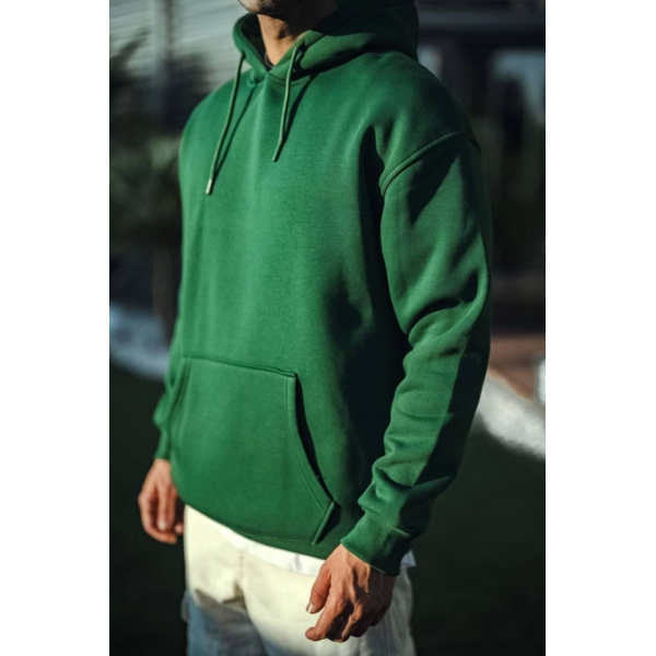 Üç İplik Penye Kapşonlu Basic SweatShirt - Haki