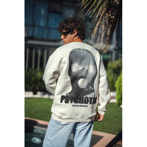 Kışlık Bisiklet Yaka Baskılı SweatShirt - Beyaz