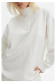 Unisex Uzun Kol Yarım Farmuarlı Yakalı Basic SweatShirt - Beyaz