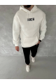 Uzun Kol Kapşonlu Göğüs Baskılı SweatShirt - Beyaz