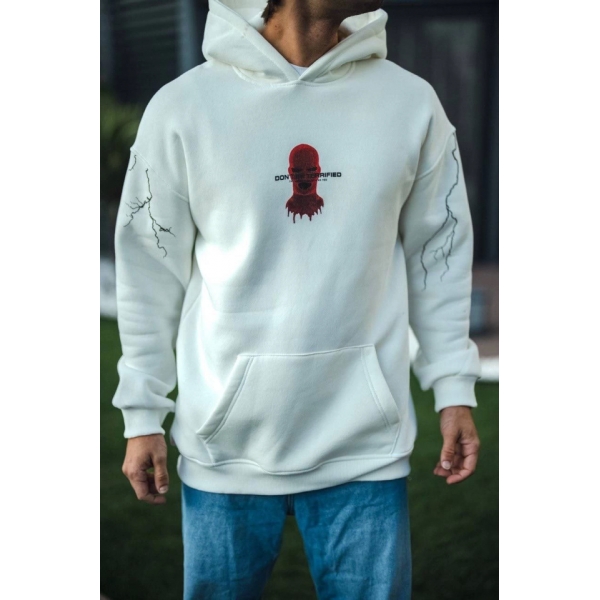 Üç İplik Kapşonlu Baskılı Oversize SweatShirt- Beyaz