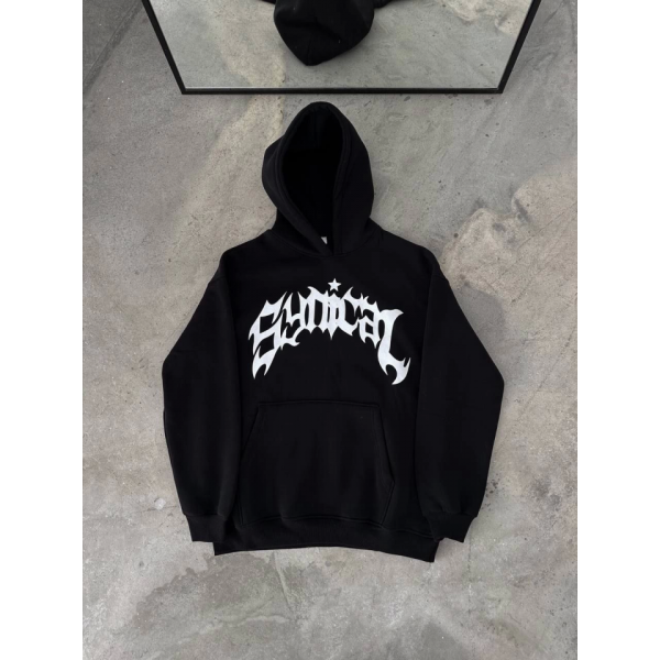 Kışlık Kapşonlu Baskılı Oversize SweatShirt- Siyah