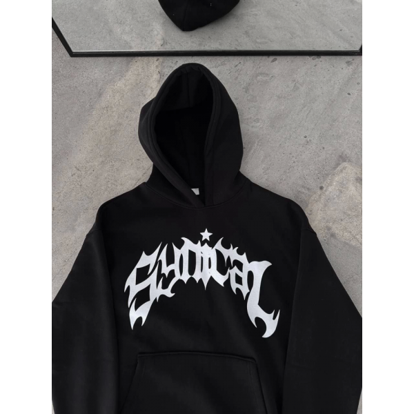 Kışlık Kapşonlu Baskılı Oversize SweatShirt- Siyah