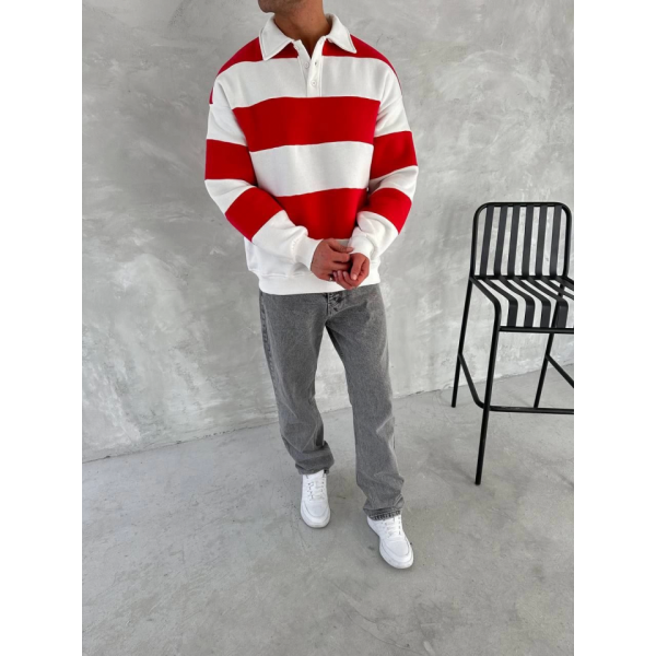 Unisex Üç İplik Parçalı Yakalı SweatShirt - Kırmızı