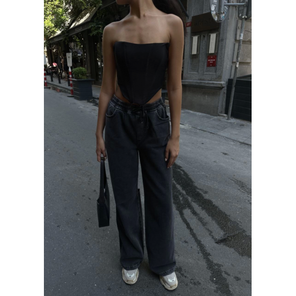 Arkadan Yırtmaçlı Jeans Kot Palazzo Pantolon - Siyah