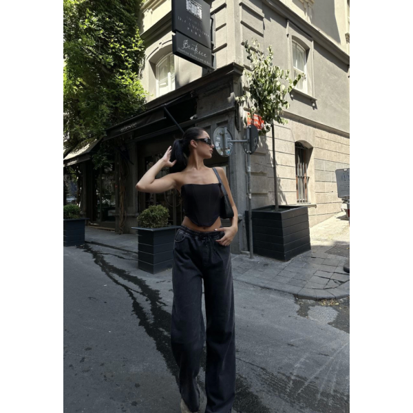 Arkadan Yırtmaçlı Jeans Kot Palazzo Pantolon - Siyah