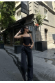 Arkadan Yırtmaçlı Jeans Kot Palazzo Pantolon - Siyah