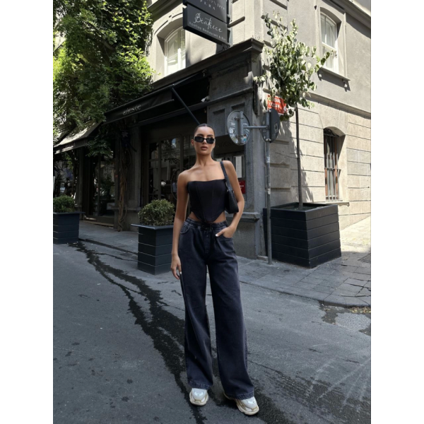 Arkadan Yırtmaçlı Jeans Kot Palazzo Pantolon - Siyah