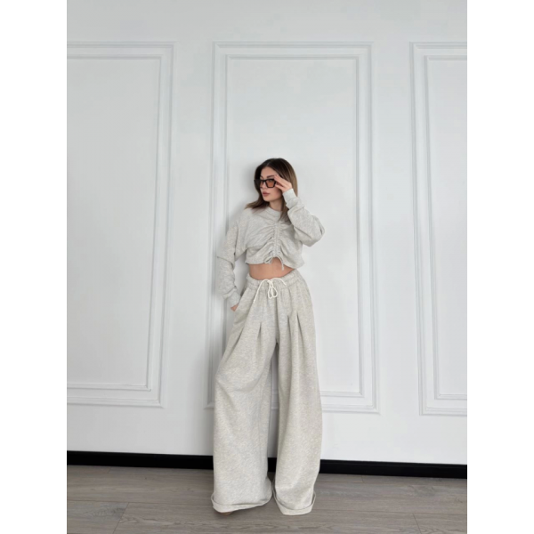 Uzun Kollu Önü İp Büzgülü  Crop Ve Pantolon İkili Takım - Gri