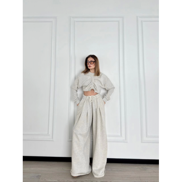 Uzun Kollu Önü İp Büzgülü  Crop Ve Pantolon İkili Takım - Gri