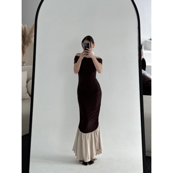 Striptiz Omuzlu Uzun Elbise- Kahve