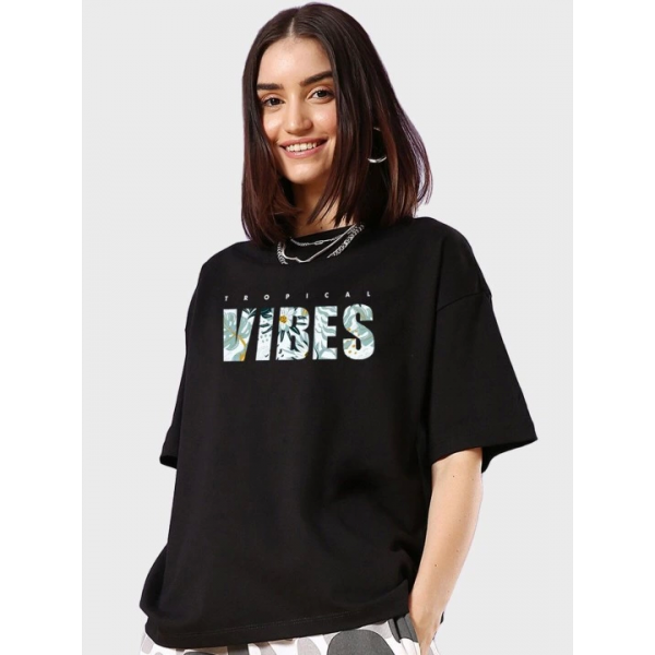 Baskılı Oversize T-shirt - Siyah
