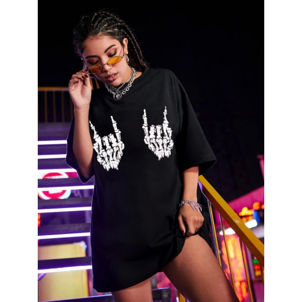 Baskılı Oversize T-shirt - Siyah