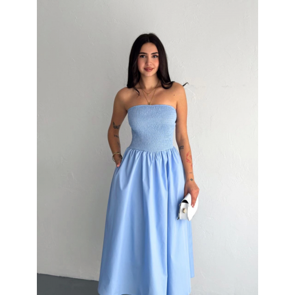 Straplez Pileli Elbise - Açık Mavi