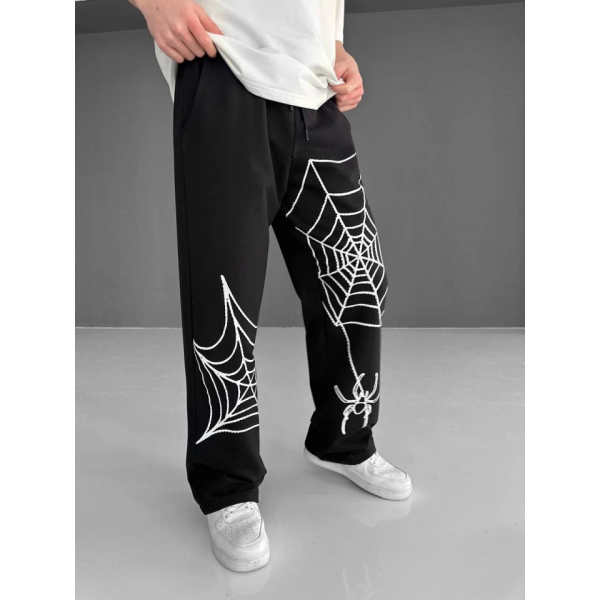 İki İplik Kumaş Örümcek Baskılı Esofman - Siyah