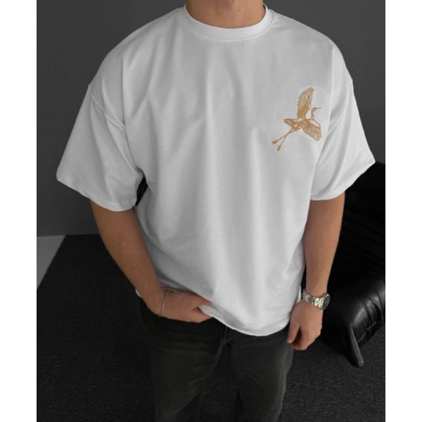 Ön Ve Arka Baskılı Oversize Bisiklet Yaka T-shirt - Beyaz