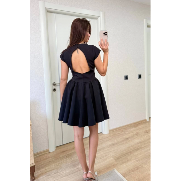 Sırt Dekolteli Çan Detaylı Mini Elbise - Siyah