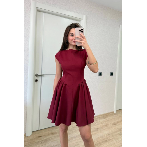 Sırt Dekolteli Çan Detaylı Mini Elbise - Bordo