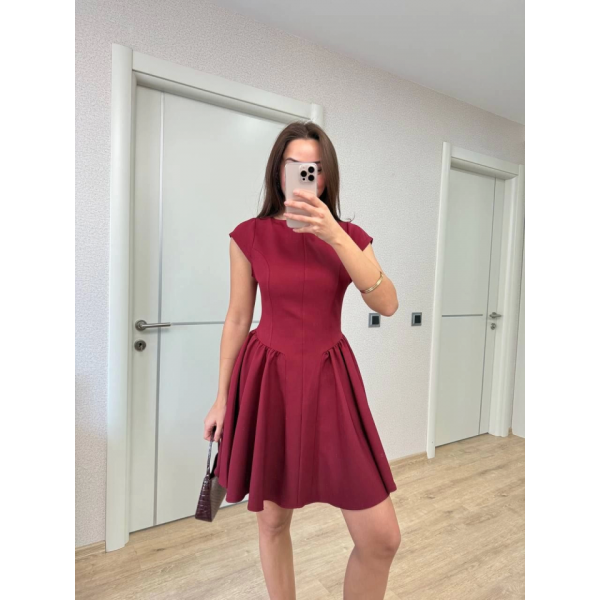 Sırt Dekolteli Çan Detaylı Mini Elbise - Bordo