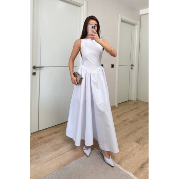 Sifir Kol Beli Oturtmalı Kolsuz Uzun Elbise - Beyaz