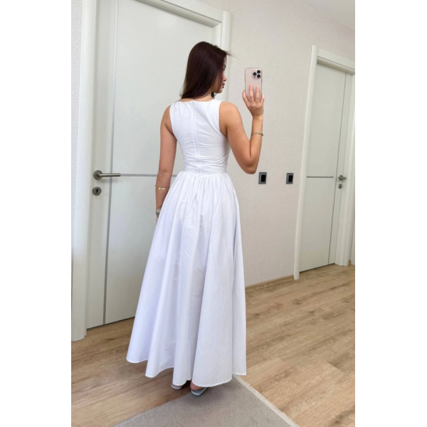 Sifir Kol Beli Oturtmalı Kolsuz Uzun Elbise - Beyaz