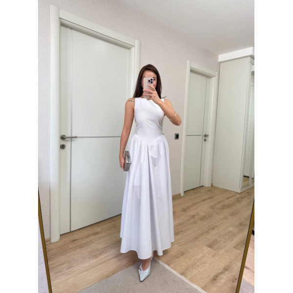Sifir Kol Beli Oturtmalı Kolsuz Uzun Elbise - Beyaz