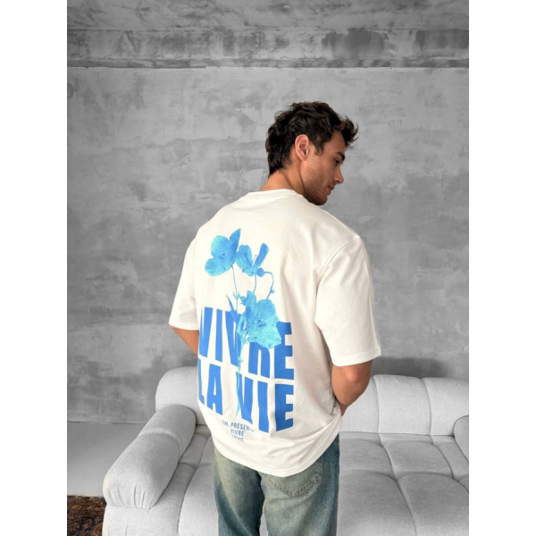 Ön Ve Arka Baskılı Oversize Bisiklet Yaka T-shirt- Beyaz