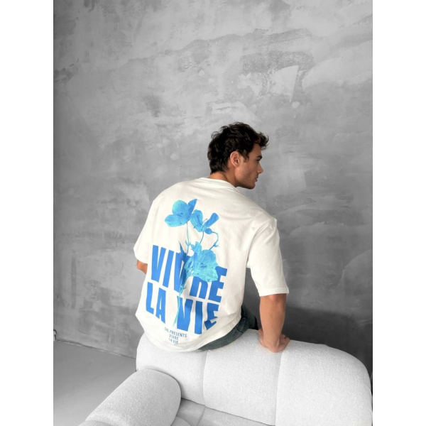 Ön Ve Arka Baskılı Oversize Bisiklet Yaka T-shirt- Beyaz