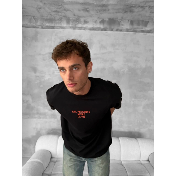 Ön Ve Arka Baskılı Oversize Bisiklet Yaka T-shirt- Siyah