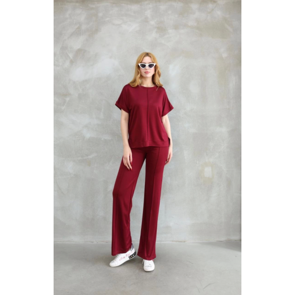 Osy Modal Yumuşak Dokulu Kumaş Bisiklet Yaka Kısa Kollu Takım - Bordo