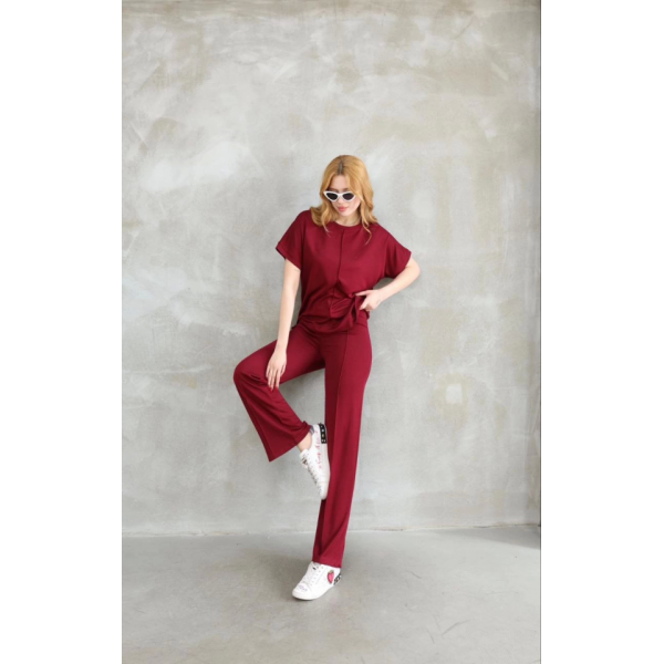 Osy Modal Yumuşak Dokulu Kumaş Bisiklet Yaka Kısa Kollu Takım - Bordo
