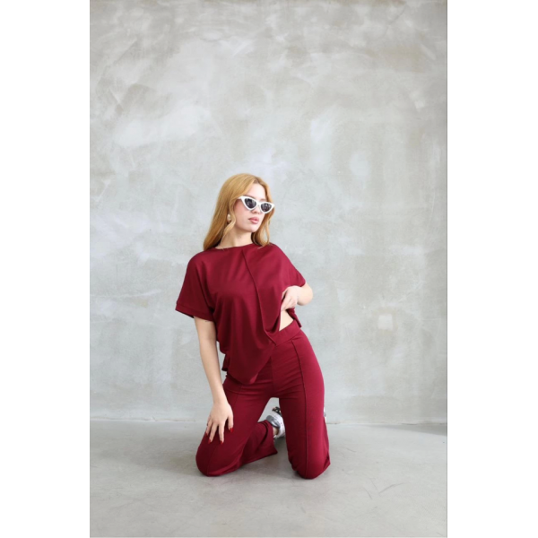 Osy Modal Yumuşak Dokulu Kumaş Bisiklet Yaka Kısa Kollu Takım - Bordo
